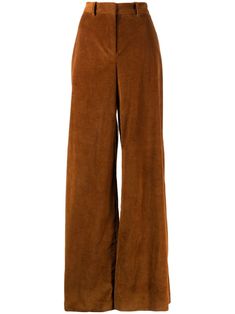 cognac brown stretch-cotton corduroy concealed fly and button fastening belt loops two side inset pockets two rear jetted pockets high waist wide leg straight hem High Waisted Corduroy Pants, Dark Academia Wardrobe, Academia Wardrobe, Brown Corduroy Straight Leg Bottoms, Hogwarts Oc, Brown High-waisted Corduroy Pants, Brown Wide-leg Elastane Pants, Brown Corduroy Pants, Mid-rise Brown Corduroy Pants