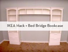 an ikea hack - bed bridge bookcase in a room with carpeted floor