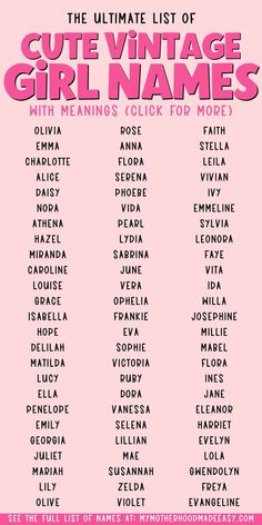 the ultimate list of cute vintage girl names for girls in pink and black, on a pink background