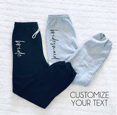 three pairs of personalized sweat pants on a white background with the words customize your text