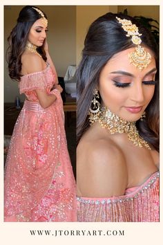 a woman in a pink dress with gold jewelry on her head and wearing a tiara