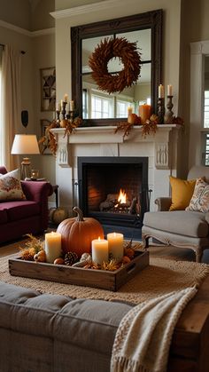 a living room filled with furniture and a fire place in front of a mirror on the wall