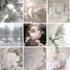 several pictures of white flowers and angels in the snow, with one angel surrounded by swans