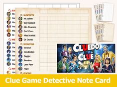 the clue board game is shown with its name and character names on it, along with other items