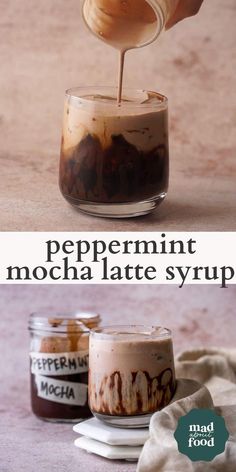 there is a spoon pouring chocolate into a glass jar with the words peppermint mocha latte syrup in it