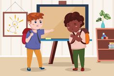 two people are standing in front of a easel and pointing at something on the board