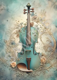 a painting of a violin on a blue and white background with floral designs around it