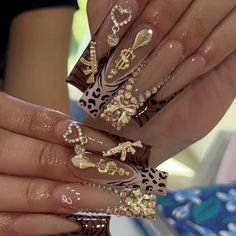 FREE SHIPPING ON ORDERS $9.95+ Buy 3 Get 1 More Free CODE: 4YOU Buy 5 Get 5 More Free CODE: 5FREE Gold Leo Nails, Leo Bday Nails, Nails With Dangle Charms, Leo Acrylic Nails, Gold Brown Nails, Leo Inspired Nails, Leo Nails Zodiac, Virgo Birthday Nails, Gold Bling Nails