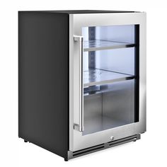 an empty refrigerator with its door open on a white background