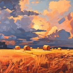 a painting of hay bales in a field under a cloudy sky with the sun setting