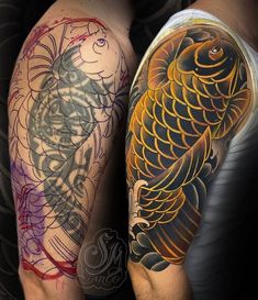 two men with tattoos on their arms, one has a koi fish and the other is