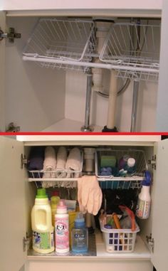 two pictures showing the inside of a kitchen cupboard with cleaning products and dishes in it