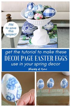 an easter egg decorated with blue and white flowers is shown in the center of this collage