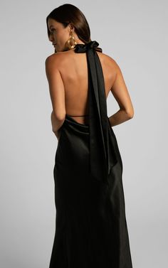 Aiyana Midi Dress - Halter Neck Satin Dress in Black | Showpo USA Black Bridesmaid Dresses Satin, Groom Party Ideas, Long Black Satin Dress, Halter Neck Satin Dress, Black Tie Wedding Guest Attire, Halter Neck Bridesmaid Dresses, Groomsman Attire, Satin Dress Outfit, Long Dress Bridesmaid