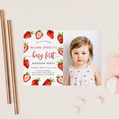 Strawberry 1st Birthday Party | Berry First Photo Invitation | Zazzle Fruit Summer, Birthday Party Theme Decorations