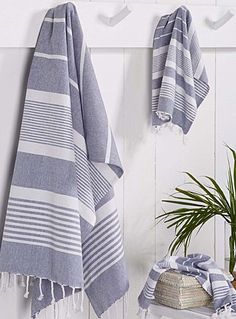 two towels hanging on the wall next to a potted plant