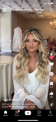 a woman with long blonde hair is looking at the camera while wearing a white dress