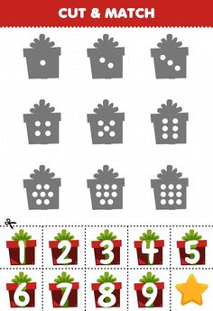 a christmas themed cut and match game for kids with presents, stars, and numbers