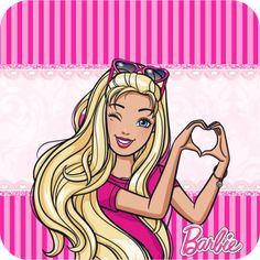 the barbie doll is making a heart shape with her hands and wearing sunglasses on pink striped background