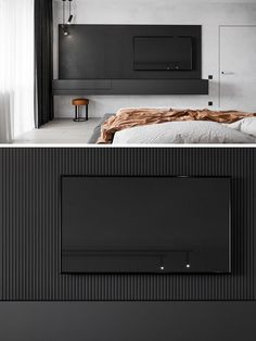 two pictures of a bedroom with black and white walls, one has a bed and the other has a tv