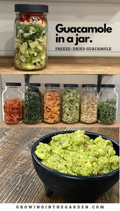 the ingredients for guacamole in a jar are displayed