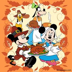 an image of mickey mouse and friends celebrating thanksgiving with turkey on the plate in front of them