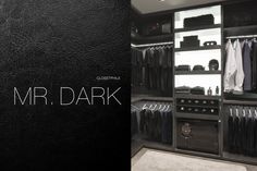 a black and white photo of a closet with an open door that says mr dark