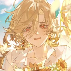 an anime character with blonde hair and sunflowers