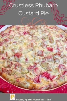 a close up of a pie on a plate with the words magic rhubarb pie