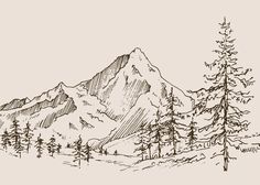 a drawing of a mountain with trees in the foreground