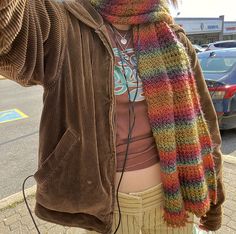 Rockstar Gf Crochet, Rainbow Scarf Outfit, Striped Scarf Outfit, Crochet Scarf Aesthetic, Scarf Aesthetic, Aesthetic Dream, Rainbow Scarf, Cute Scarfs, Scarf Outfit