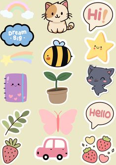 various stickers with animals, flowers and other things in them on a beige background