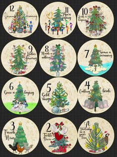 the twelve days of christmas are depicted in this calendar with trees and presents on them