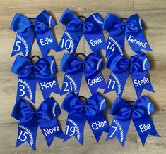 Calling All Softball moms and coaches. These 8"  personalized softball bows are the perfect team accessory!  Always open to other customizations, send me a message!  This listing is for ONE bow so please select the correct quantity for large parties. also in the notes leave  1- name 2- # if you need a custom amount not listed please just send me a message :) Softball Hair Bows, Soccer Bow, Softball Cheer, Softball Hair, Royal Blue Hair, Softball Bow, Blue Hair Bow, Softball Bows, Blue Hair Bows