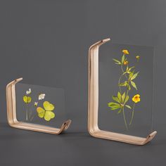 two glass vases with flowers in them on a gray surface, one has a gold frame and the other is clear