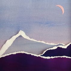 an abstract painting of mountains with a half moon in the sky over them and purple watercolor paper