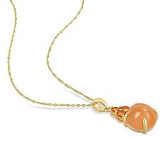 A mesmerizing round natural orange moonstone gemstone is topped by a trio of incredible natural orange sapphire in this impressive women's pendant necklace. Fashioned in 14K yellow gold, the 17-inch rope chain secures in place with a spring ring clasp. Sapphire Pendant Necklace, Wedding Orange, Sapphire Necklace Pendants, Jared The Galleria Of Jewelry, Moonstone Stone, Necklace Clasps, Topaz Necklace, Orange Sapphire, Sapphire Pendant