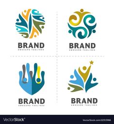 four logos with hands and symbols for the brand or company on white background stock photo - rights