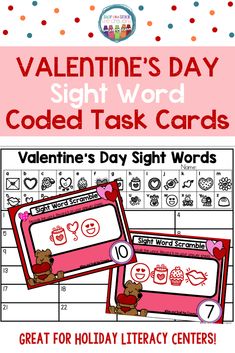 valentine's day sight word code task cards with teddy bears and hearts on them