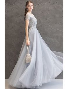 Gorgeous Grey Bling Sequins Modest Prom Dress With Illusion Short Sleeves #DM69049 - GemGrace.com Cheap Evening Gowns, Evening Gowns Online, Modest Formal Dresses, Silver Evening Dress, Grey Evening Dresses, Burgundy Evening Dress, Glamorous Evening Dresses, Pretty Quinceanera Dresses, Modest Prom