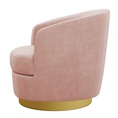 a pink chair with gold trim around the armrests and foot rests on a white background