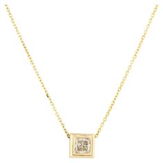 This lovely Princess cut diamond pendant necklace is a classic piece of jewelry. It is set in 14 karat yellow gold and the center stone has some color, approximately J/K in color. This pendant can be worn layered with other pieces or necklaces and also makes a statement on it's own. Product: Princess cut diamond necklace Material: 14 Karat Yellow Gold Diamond Details: The main stone is a Princess cut diamond weighing approximately 0.99 carats Diamond Clarity: The diamond is approximately SI (Slightly Included) in clarity Diamond Color: The diamond is approximately J/K in color Item Dimensions/ Length: This necklace is approximately 18 inches in length Weight: 4.5g (2.8dwt) Additional Details: This item comes with a presentation box SKU: G13349 Classic Square Pendant Diamond Necklace With Single Diamond, Timeless Diamond Necklace With Square Pendant, Luxury Square Pendant Diamond Necklace For Formal Occasions, Classic 14k Gold Diamond Necklace, Anniversary Diamond Cut Necklace With Square Pendant, Heirloom White Gold Necklace With Single Cut Diamonds, Anniversary Necklace With Single Diamond Square Pendant, Square Pendant Necklace With Single Diamond For Anniversary, Anniversary Square Pendant Necklace With Single Diamond