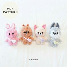 three crocheted stuffed animals sitting next to each other on a white sheet with the text, free pattern