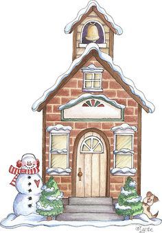 a watercolor drawing of a house with snow on the ground and a snowman in front