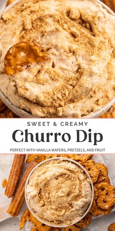 this sweet and creamy churro dip is perfect with vanilla waffles, pretzels, and fruit