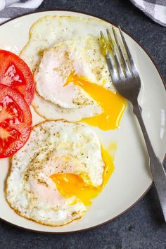 two eggs and tomatoes on a plate with a fork