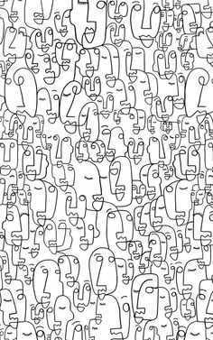 a black and white drawing of many faces with different shapes, sizes, and colors