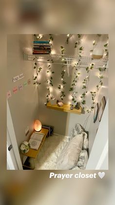 there is a room with plants growing on the wall and bookshelves above it