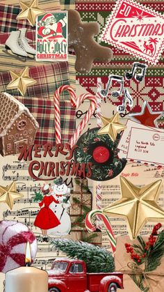a christmas collage with an old red truck