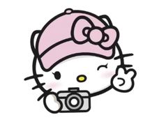 a hello kitty holding a camera and wearing a pink hat